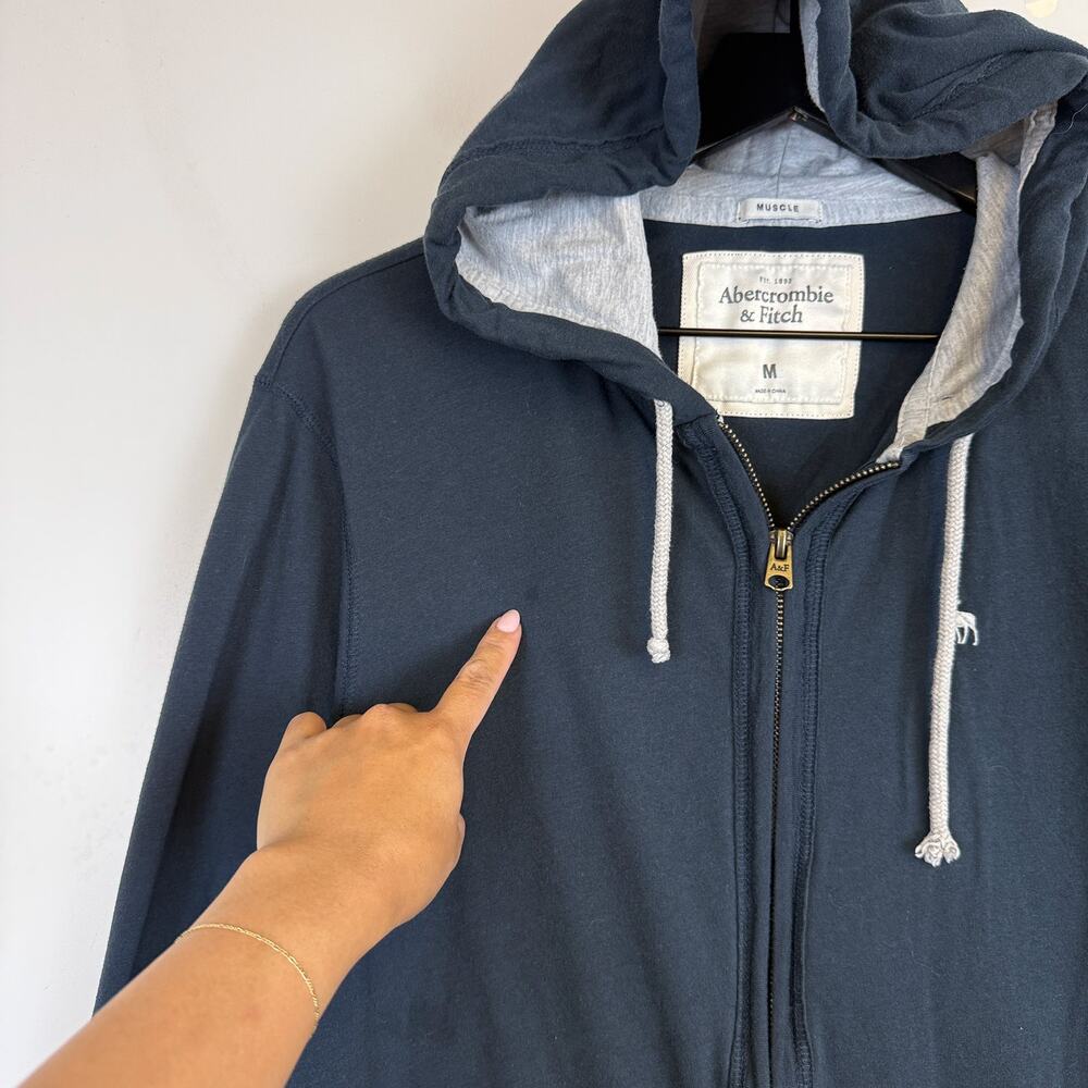 Y2K Abercrombie & Fitch Mens Muscle Zip Up Hoodie Navy Blue - M - Picture 2 of 9